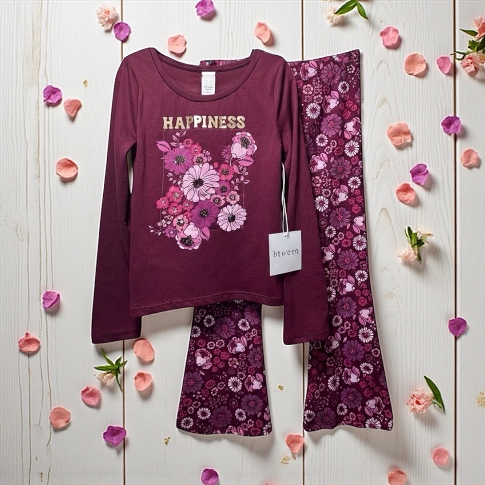 btween Kids Matching Set - Burgundy Floral Happiness
